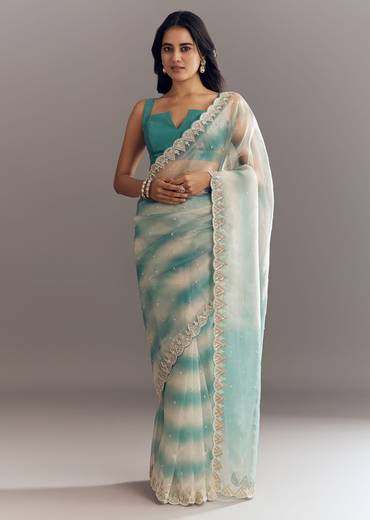 Teal Blue Shaded Organza Saree With Moti Stone Sequins Embroidery And Cutwork Scallop Border