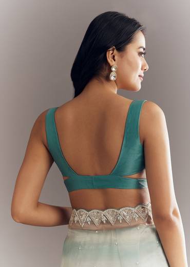 Teal Blue Shaded Organza Saree With Moti Stone Sequins Embroidery And Cutwork Scallop Border