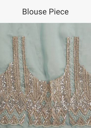 Teal Blue Shaded Organza Saree With Moti Stone Sequins Embroidery And Cutwork Scallop Border