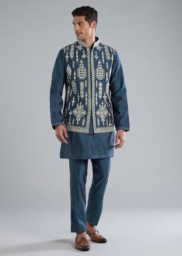 Teal Blue Silk Kurta Jacket Set With Thread Resham Zari Work