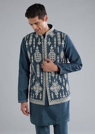 Teal Blue Silk Kurta Jacket Set With Thread Resham Zari Work