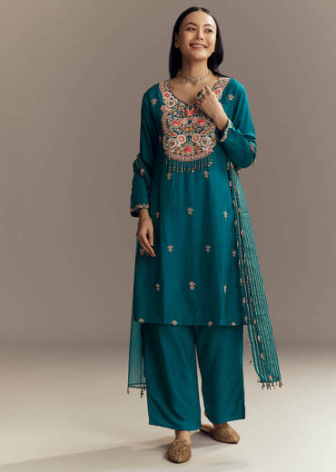 Teal Blue Silk Kurta Set With Zardosi And Resham Work