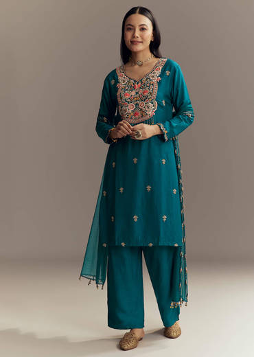 Teal Blue Silk Kurta Set With Zardosi And Resham Work