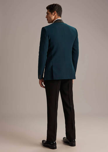Teal Blue Tuxedo For Men With Cutdana Embroidery