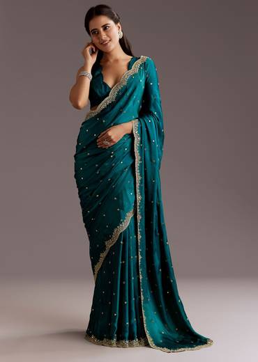 Teal Green Chinon Saree With Cutdana And Sequins Scallop Border