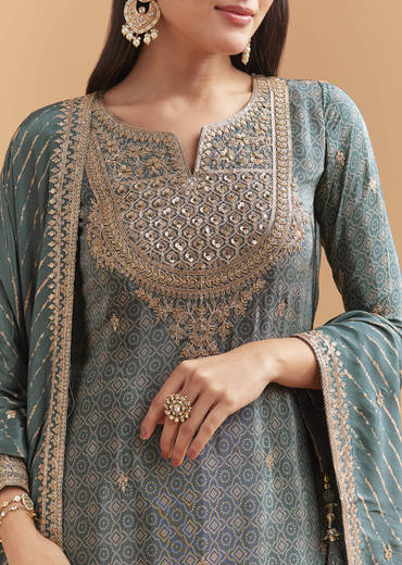 Teal Green Crepe Palazzo Suit With Hand Embroidery And Bandhani Print