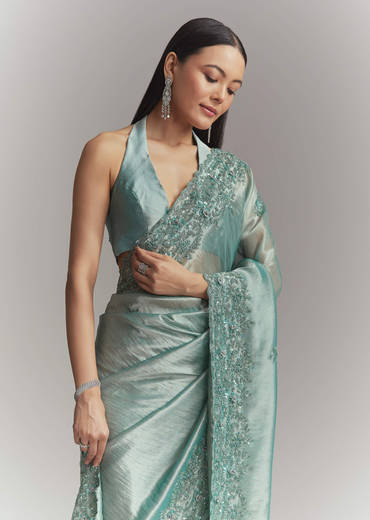 Teal Green Tissue Embroidered Saree With Heavy Hand Embroidery