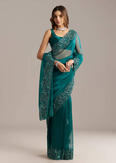 Teal Green Tissue Saree With Floral And Cutwork Embroidery