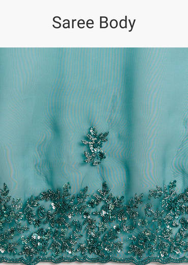Teal Green Tissue Saree With Floral And Cutwork Embroidery