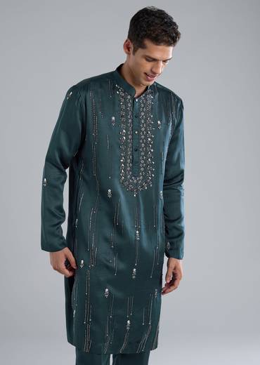 Teal Kurta Set With Hand Embroidery And Cutdana Details