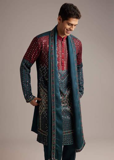 Teal Linen Kurta Set For Men With Mirror Work