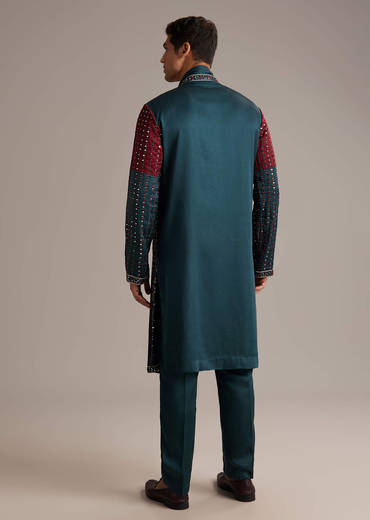 Teal Linen Kurta Set For Men With Mirror Work