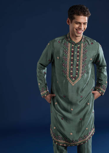 Teal Resham Embroidered Mens Kurta and Pant Set