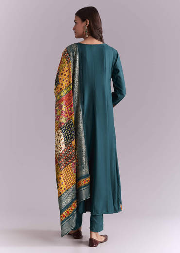 Teal Silk Anarkali Suit With Embroidery And Printed Patch Work