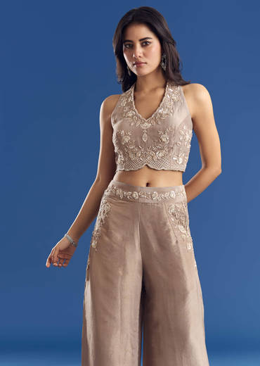 Tissue Croptop And Palazzo Suit With Cutdana Moti Embroidery