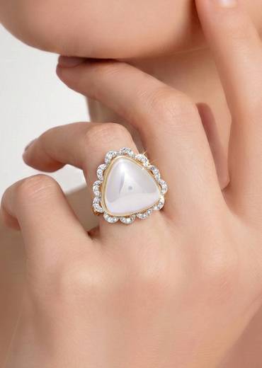 Triangular White Stone Gold Finish Statement Ring