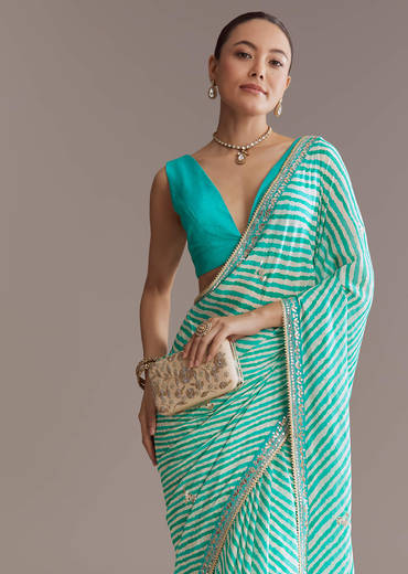 Turquoise Blue Chinon Saree With Leheriya And Gota Work