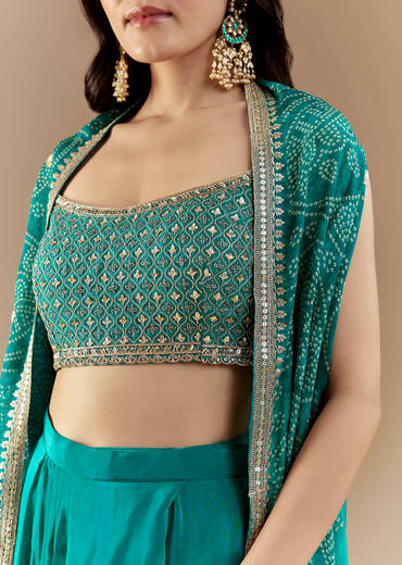 Turquoise Blue Crop Top Skirt Set with Bandhani Cape
