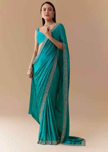 Turquoise Blue Embellished Saree with Unstitched Blouse