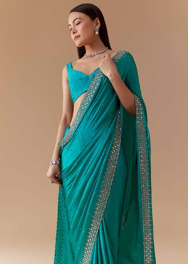 Turquoise Blue Embellished Saree with Unstitched Blouse