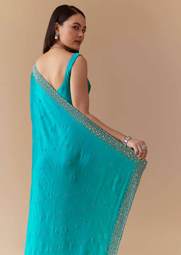 Turquoise Blue Embellished Saree with Unstitched Blouse