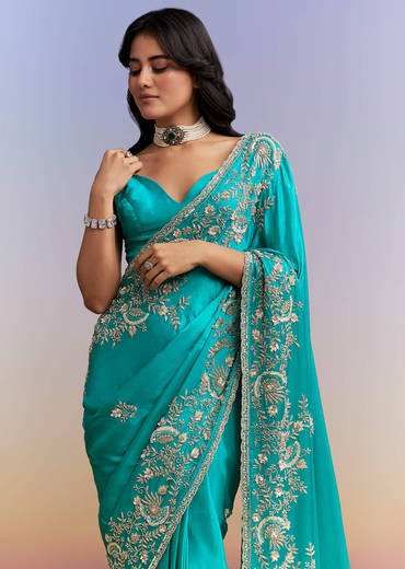 Turquoise Blue Satin Saree With Heavy Hand Work