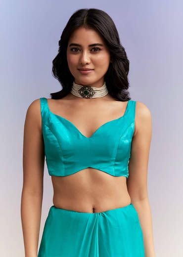 Turquoise Blue Satin Saree With Heavy Hand Work