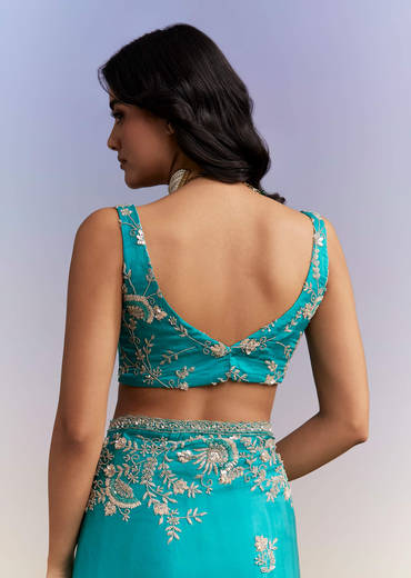 Turquoise Blue Satin Saree With Heavy Hand Work