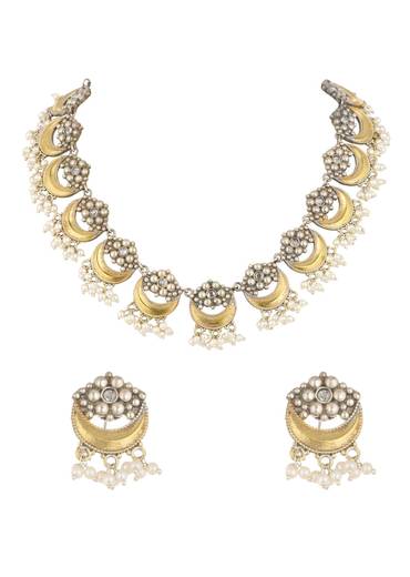 Two Tone Finish Oxidised Short Necklace And Earring Set