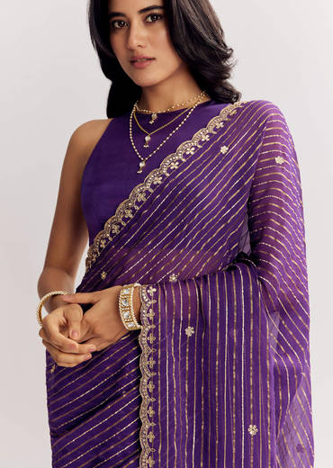 Violet Georgette Saree With Foil Stripes And Gota Patti Mirror Work