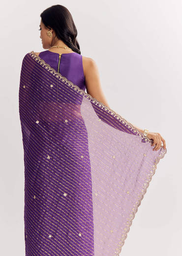 Violet Georgette Saree With Foil Stripes And Gota Patti Mirror Work