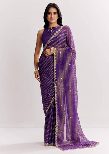 Violet Georgette Saree With Foil Stripes And Gota Patti Mirror Work