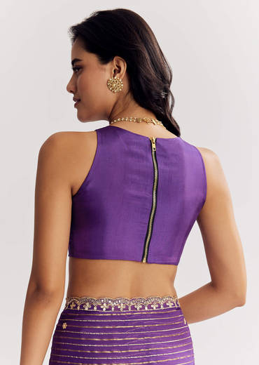 Violet Georgette Saree With Foil Stripes And Gota Patti Mirror Work