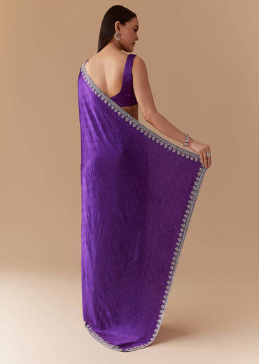 Violet Stone Embellished Saree with Unstitched Blouse