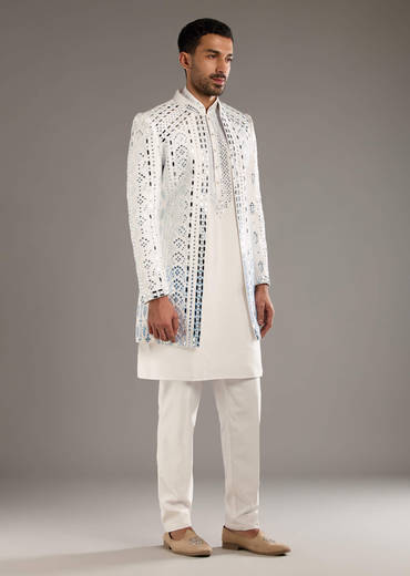 White And Blue Silk Groomsman Sherwani With Mirror Work