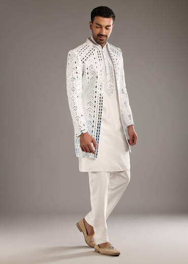 White And Blue Silk Groomsman Sherwani With Mirror Work