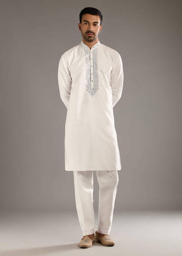 White And Blue Silk Groomsman Sherwani With Mirror Work