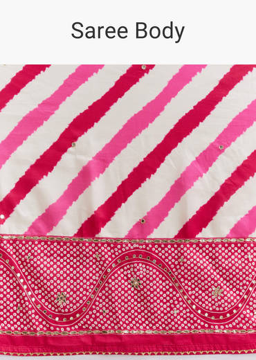 White And Pink Silk Saree With Lehariya And Bandhani Print