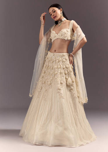 White Bustier Lehenga Set With 3D Floral And Mirror Work