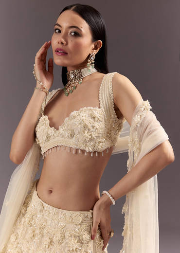 White Bustier Lehenga Set With 3D Floral And Mirror Work
