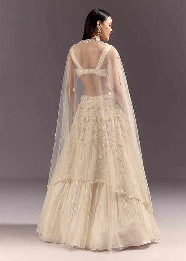 White Bustier Lehenga Set With 3D Floral And Mirror Work