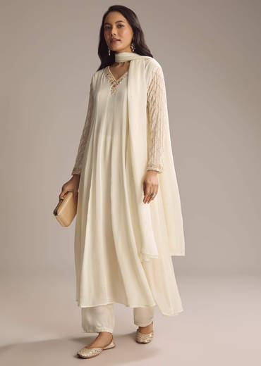 White Chinon Anarkali Suit With Cutdana And Sequins Work