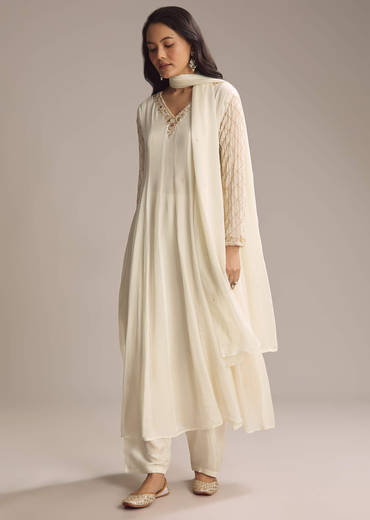 White Chinon Anarkali Suit With Cutdana And Sequins Work