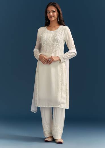 White Chinon Kurta Set With Sequins And Cut Dana Work