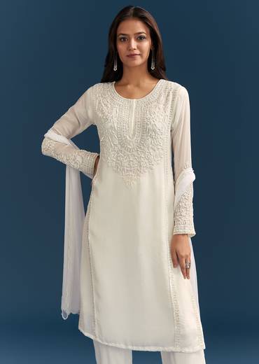 White Chinon Kurta Set With Sequins And Cut Dana Work