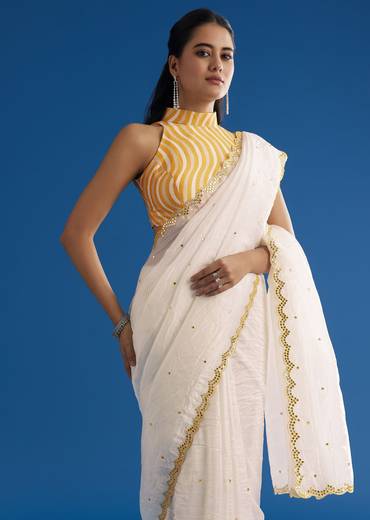 White Crepe Silk Saree With Mirror Scallop Contrast Border And Yellow Blouse