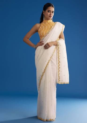 White Crepe Silk Saree With Mirror Scallop Contrast Border And Yellow Blouse