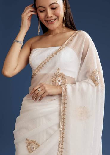 White Crushed Tissue Cutdana And Sequin Embroidered Saree