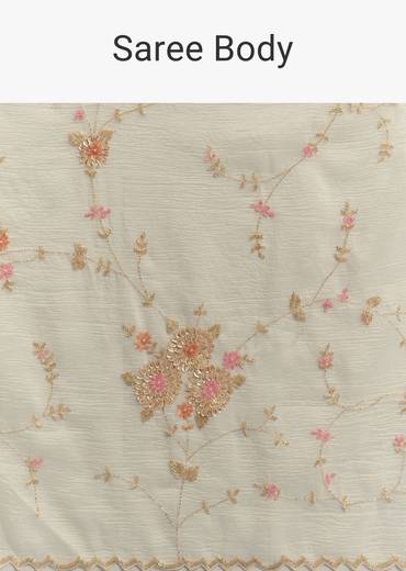 White Crushed Tissue Floral Embroidered Saree