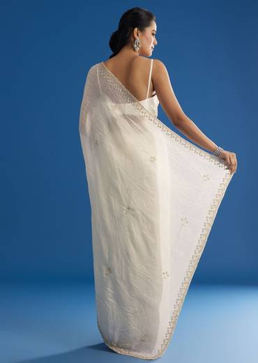 White Crushed Tissue Saree With Stones And Sequins Embroidery And Scallop Border